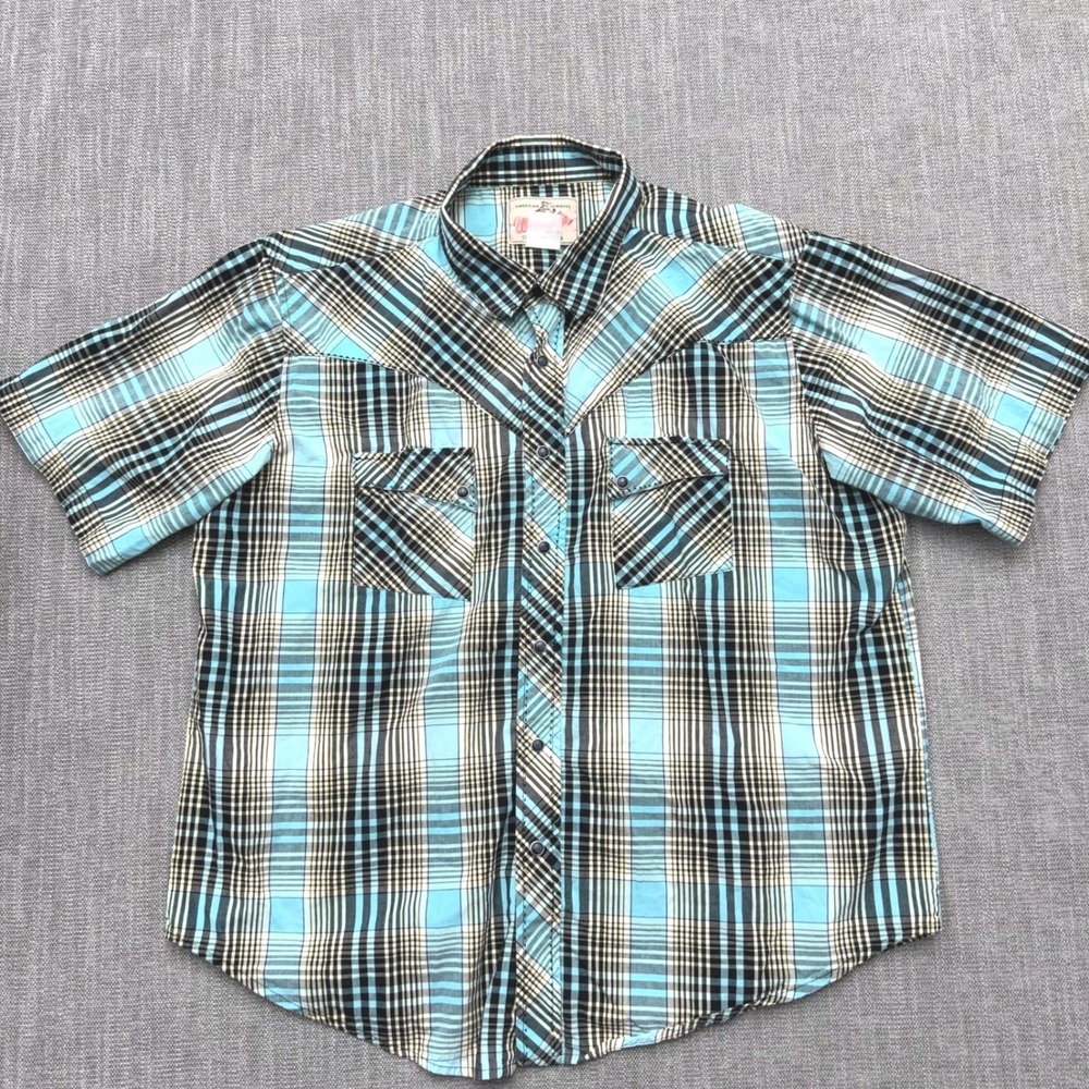 Wrangler Mens Blue Plaid Short Sleeve Western Pearl Snap Shirt